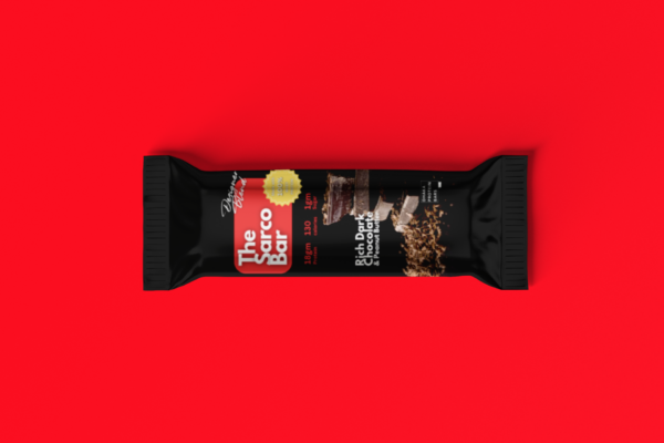 Sarco Bar mockup bar design from Dhaka Protein Bars with a bright red background