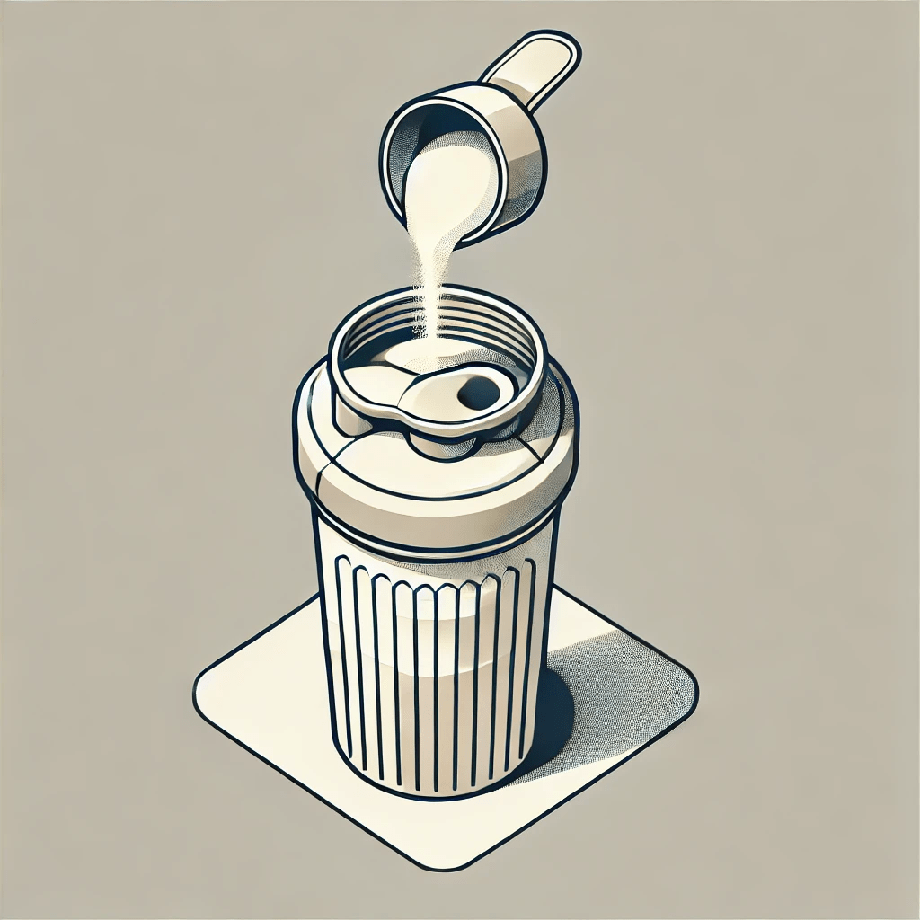 Scoop of protein powder being poured into a gym shaker bottle