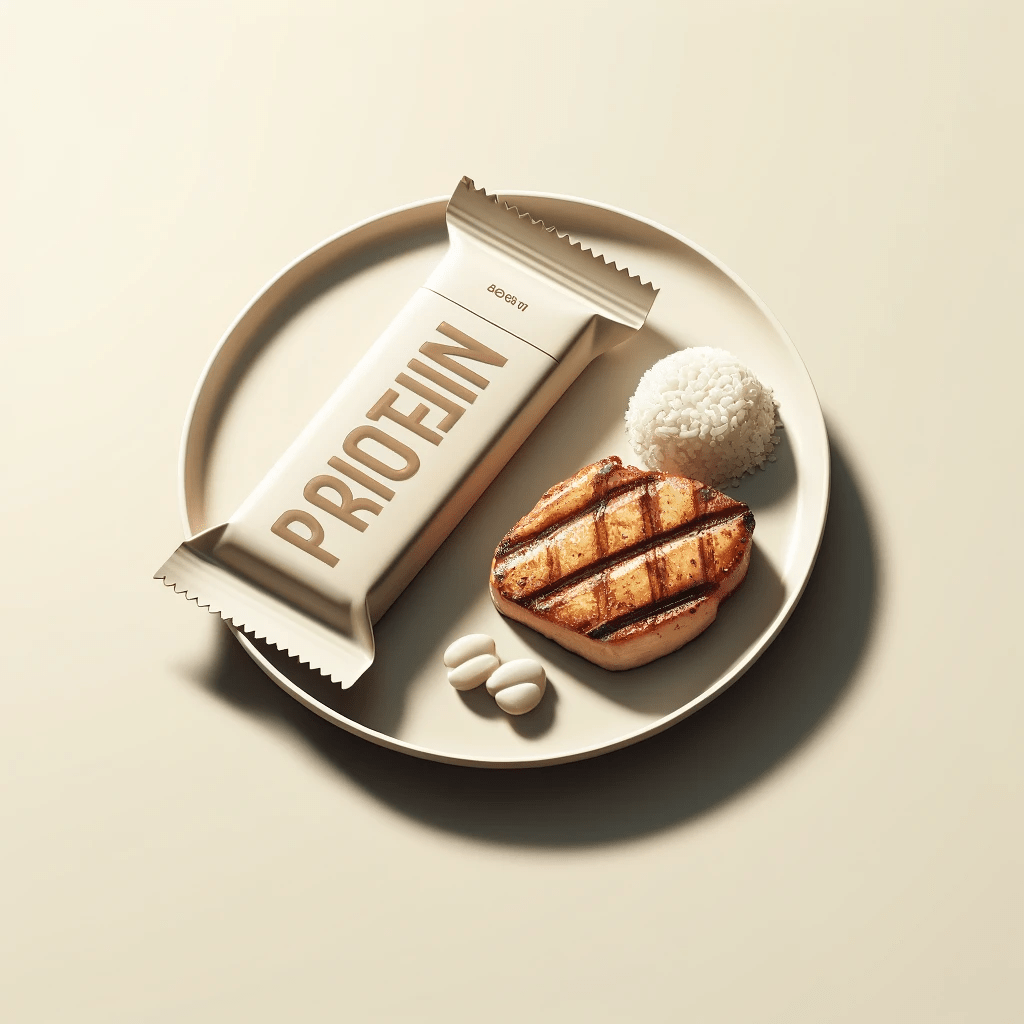 photo (12) Minimalist image of a protein bar on a plate of chicken and rice