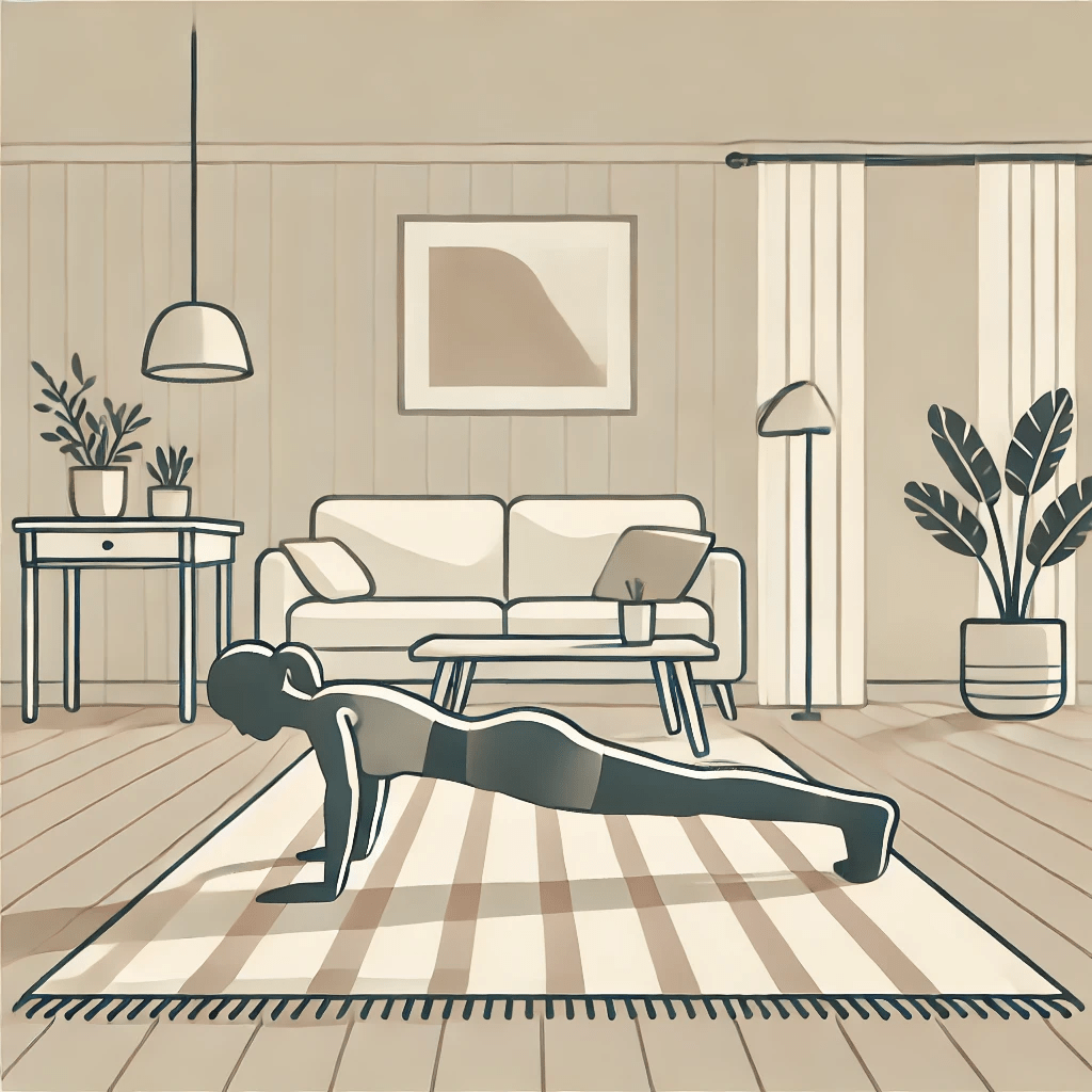 Minimalist image of a woman in her apartment doing some home workouts like push ups