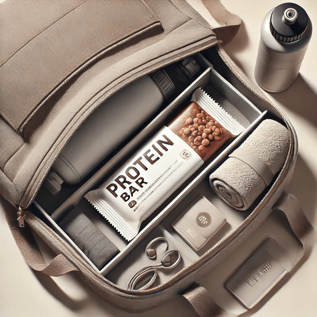 minimalist image of a protein bar inside a gym bag viewed from above