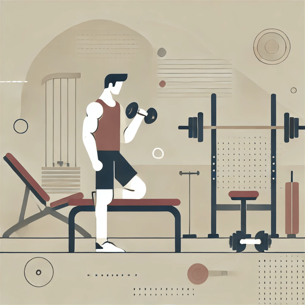 Minimalist image of a man in gym doing biceps curl workouts