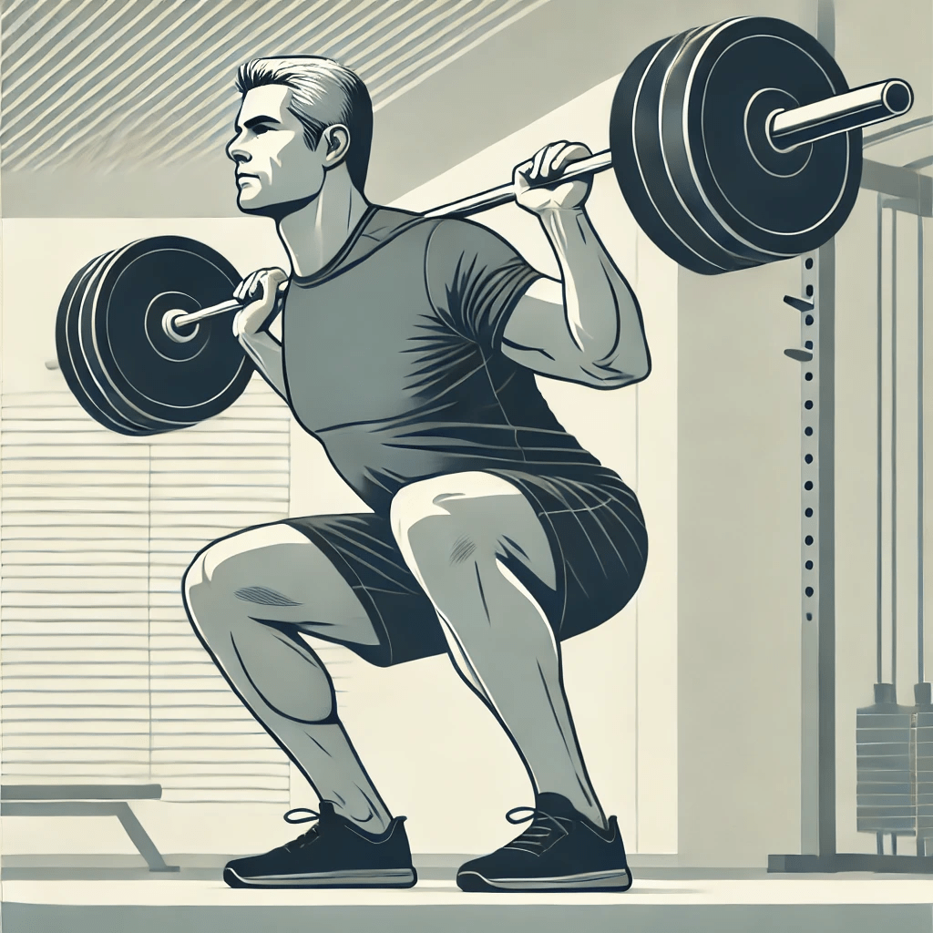 Middle aged man doing back squats with heavy weights