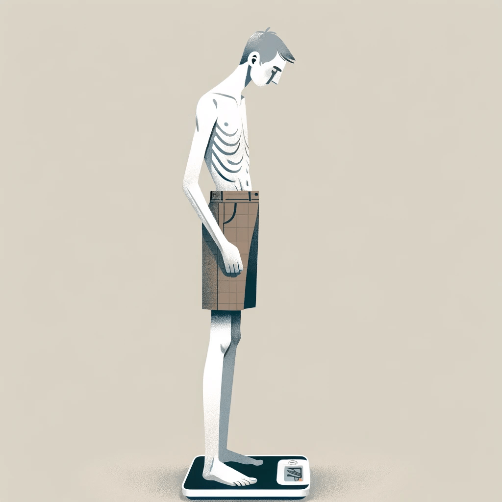 photo (6) Skinny underweight guy standing on a weight scale