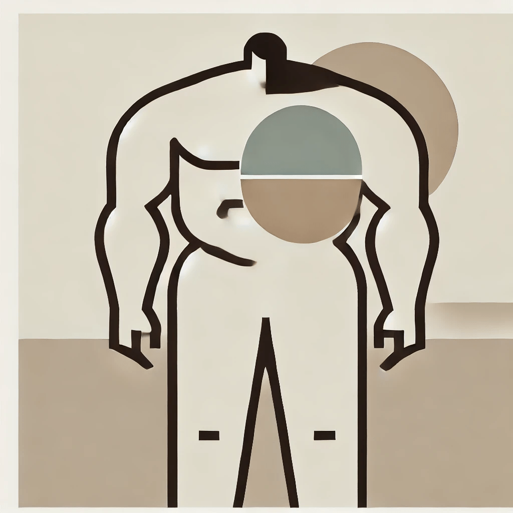 Minimalist image of an overweight bodybuilder and an image of a pill in the foreground