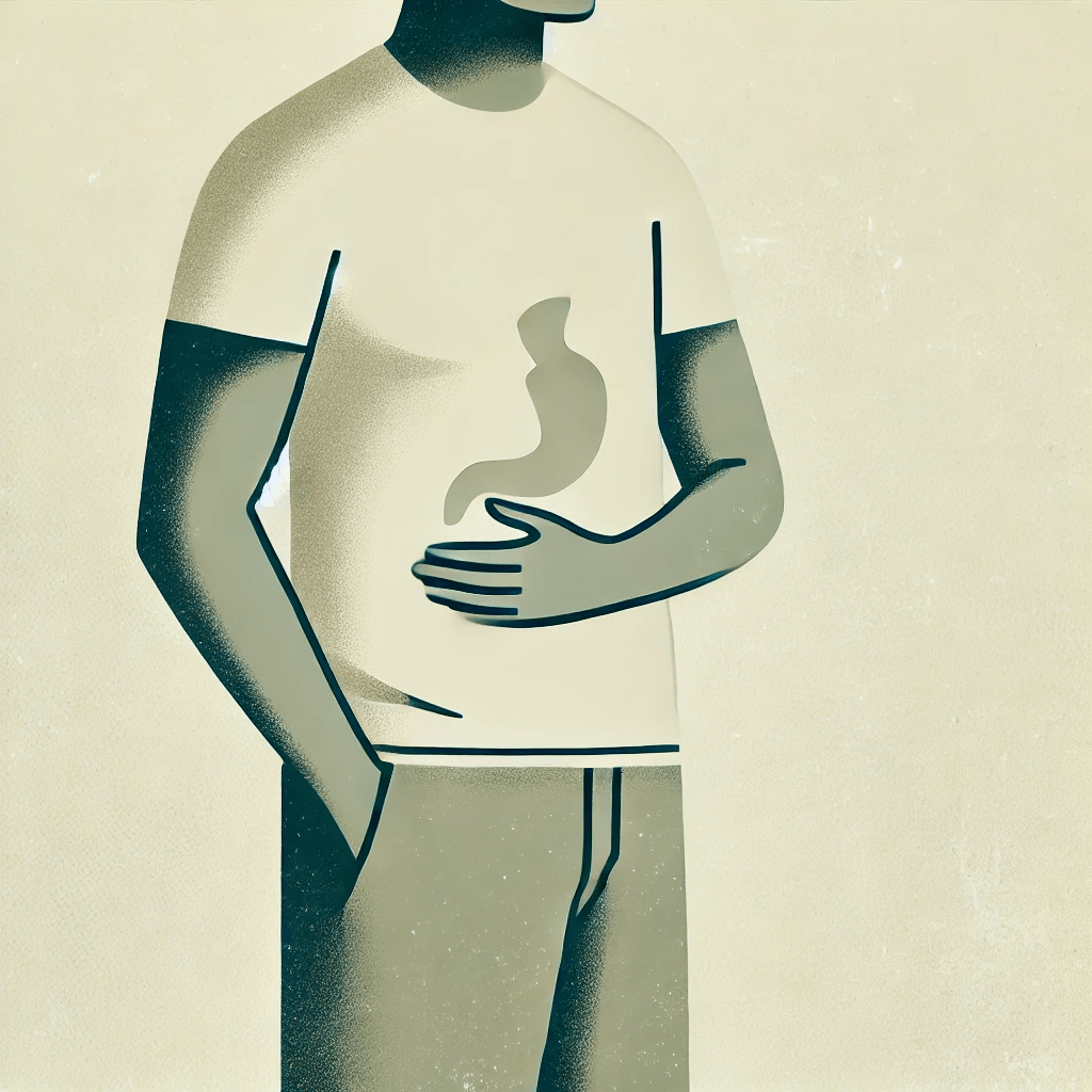Minimalist image of a man who is out of shape with skinny extremities and a pot belly with digestive issues
