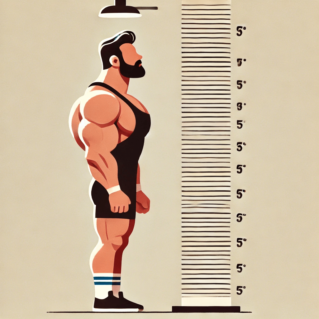 A minimalist image of a short bodybuilder checking his height