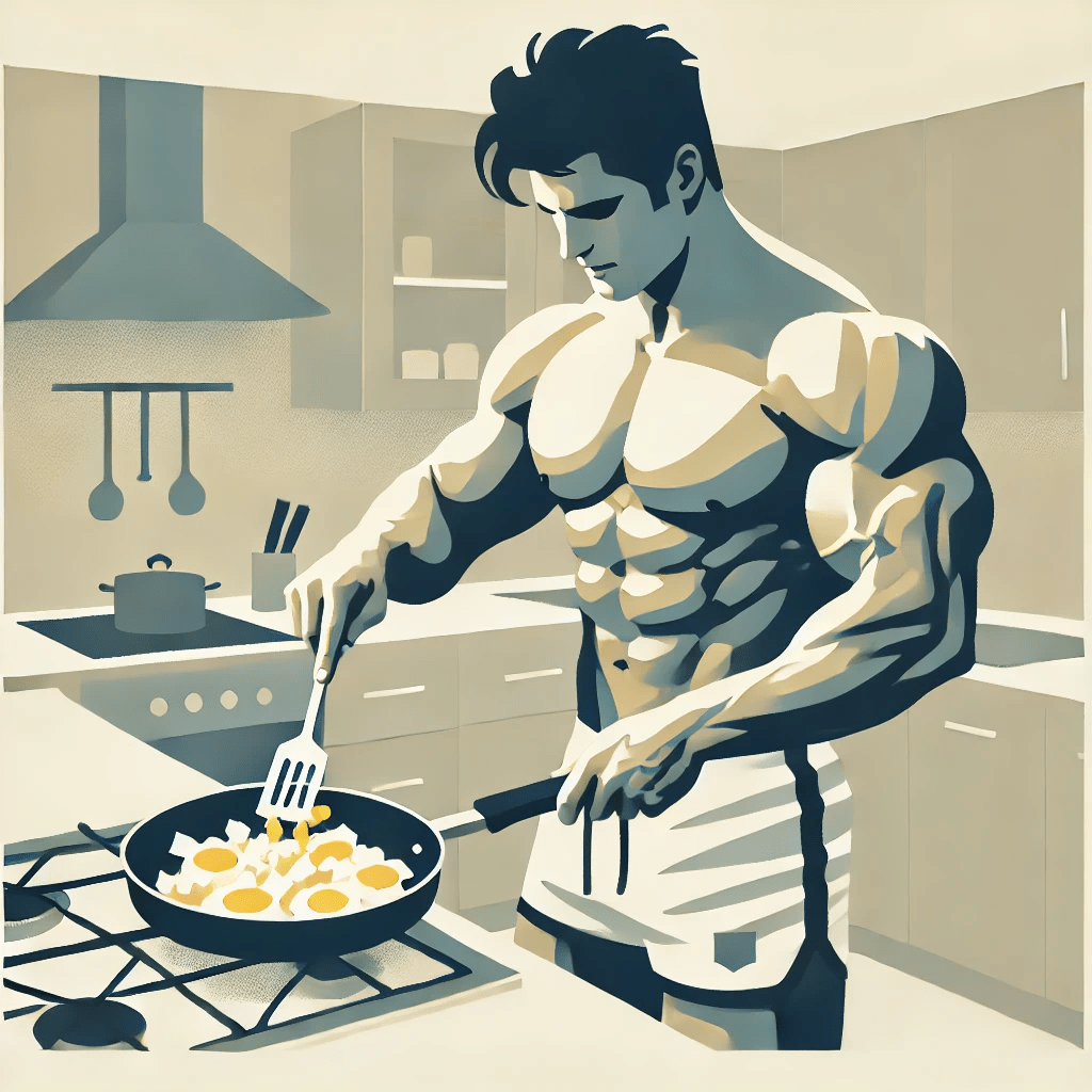 photo (24) minimalist image of a slim male bodybuilder preparing scrambled eggs before a workout
