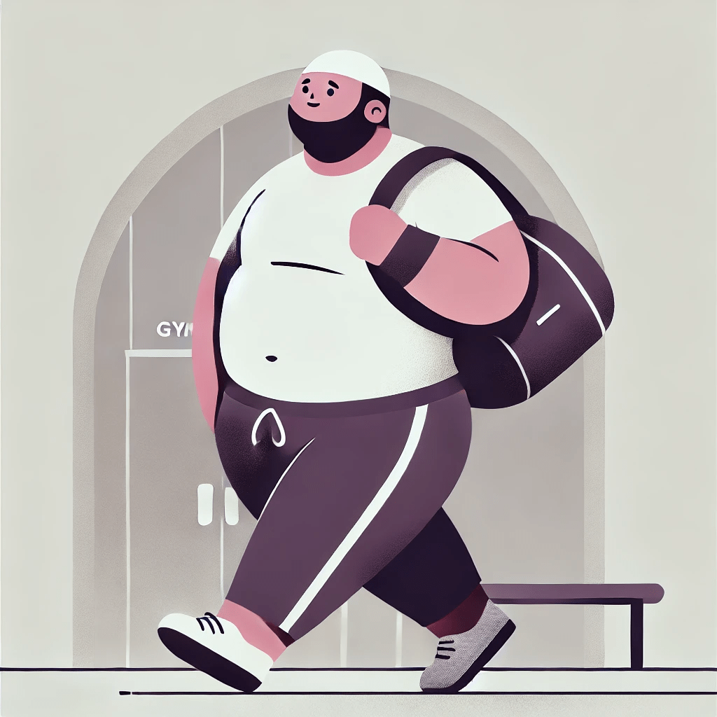 Minimalist image of an overweight muslim man heading towards his gym after prayers