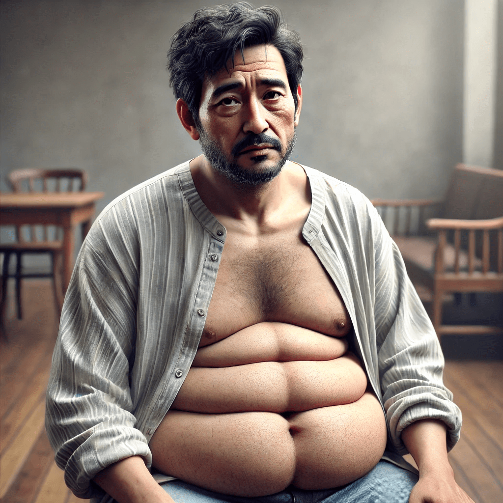 photo (27) Photorealistic image of an asian man with a pot belly due to fatty liver disease