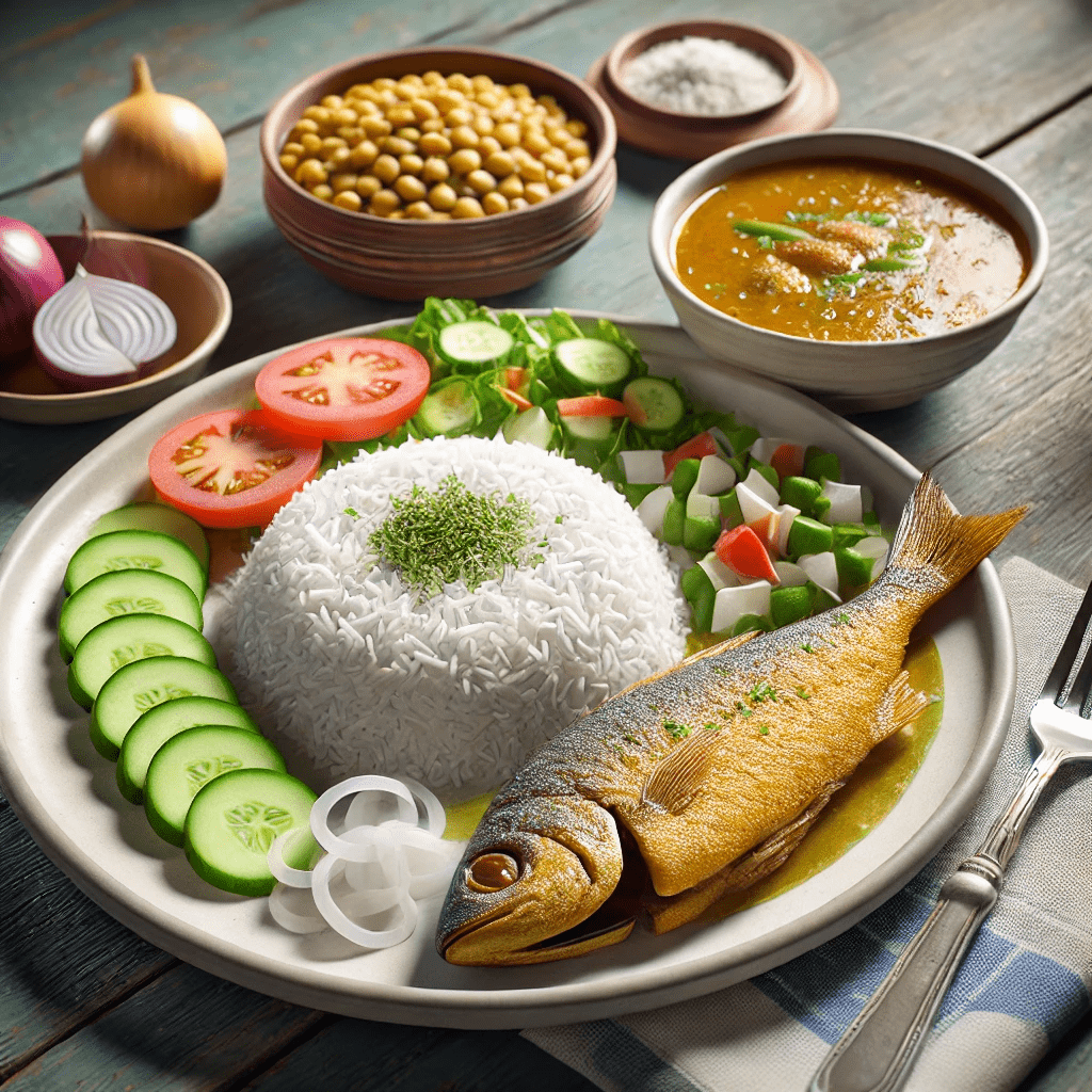 Photorealistic image of a typical Bangladeshi meal featuring rice, fish, lentils and fresh vegetables.