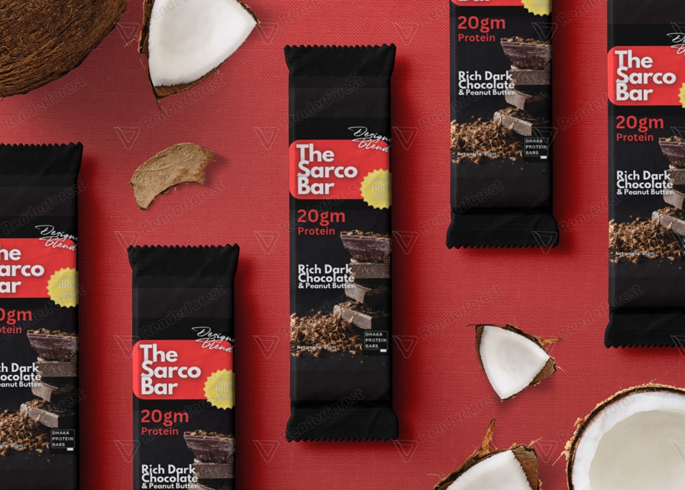 Sarco Bars placed on a red background with pieces of coconut placed around them
