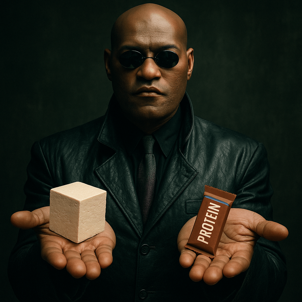 Photorealistic likeness of Morpheus from The MAtrix holding a block of tofu in one hand and a protein bar in the other