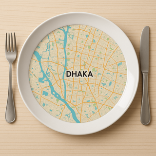 9FB4DD37-E2FF-4469-BD30-18933020DC45-min Picture of a map of dhaka city on a dinner plate surrounded by a fork and a knife on wooden dinner table